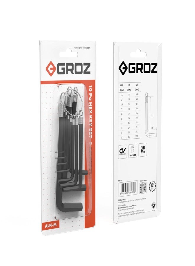Groz 10 pc Allen Hex Key Tool Set for Garages, Workshops, Industries, DIYs, etc. | Durable Chrome Vanadium Steel | METRIC | Compact, Easy To Carry, Various Sizes | ALN/HX-HX/10/GRZ - Image 2